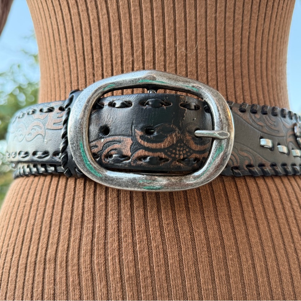 Steve Madden Black Leather Belt Metal Roses 🌹